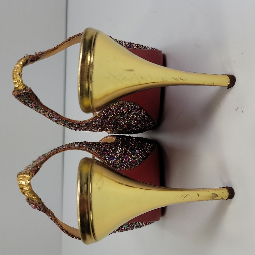 CHRISTIAN LOUBOUTIN Gold Glitter N Prive Peep-Toe Slingback 4.5" Heels / Size 38 - Picture 5 of 11